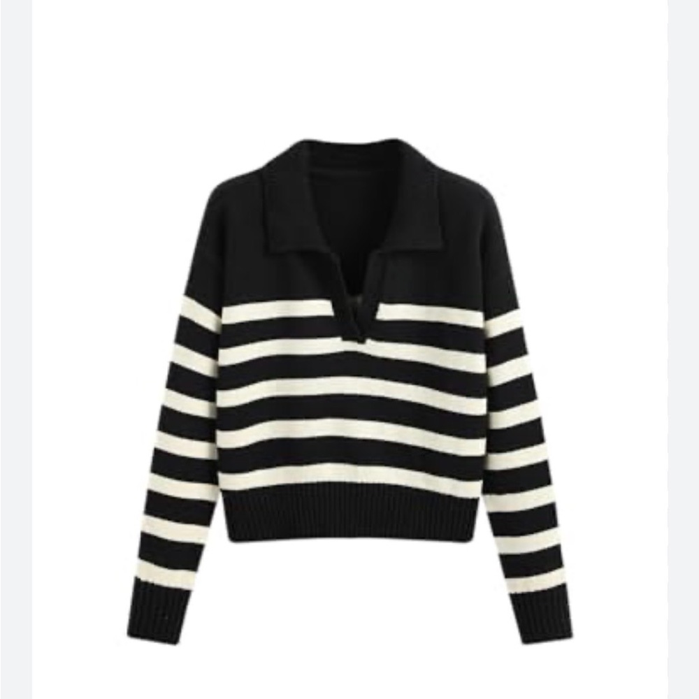 Polo Sweater, V-neck, Collared, Black and White Striped, Small